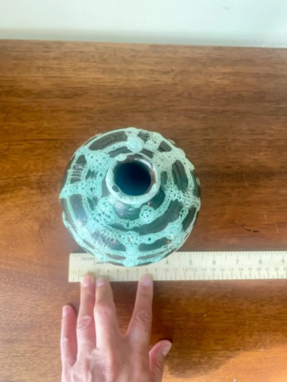 MCM European Vase VTG Dark Matte Base w/Textured Turquoise Drip Glaze